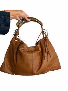 Vintage Horn top handle Leather Hobo Bag w/ Tortoise Handle camel fringe